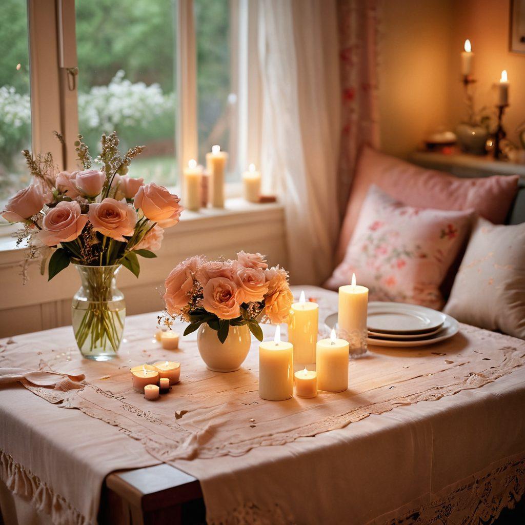 A cozy, warmly lit room with a couple sharing a heartfelt moment over a candlelit dinner, surrounded by soft pillows and gentle colors. Elements like a scrapbook of memories, fresh flowers, and soft music notes subtly illustrated in the background to signify deep emotional connection. The ambiance radiates love and intimacy, inviting warmth and affection. super-realistic. warm colors. soft focus.