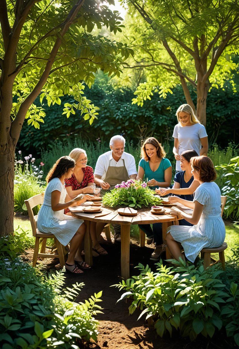 A warm, inviting scene of a diverse group of people gathered in a sunlit garden, sharing laughter while planting seeds together, leaves bursting with vibrant green colors, soft sunlight filtering through trees, symbols of love and affection like heart-shaped flowers in the background. The image evokes feelings of connection and community. super-realistic. vibrant colors. natural setting.